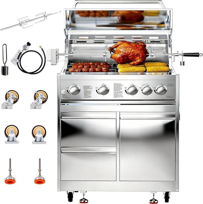 BODEGA 30 Inch 5-Burner Propane Gas Grill with Rotisserie Chicken Fork Kit, 58000-BTU Outdoor Gas Grill for Kitchen, LPG/NG Convertible, Backyard BBQ Grill with Temperature & Rear Infrared Burner.