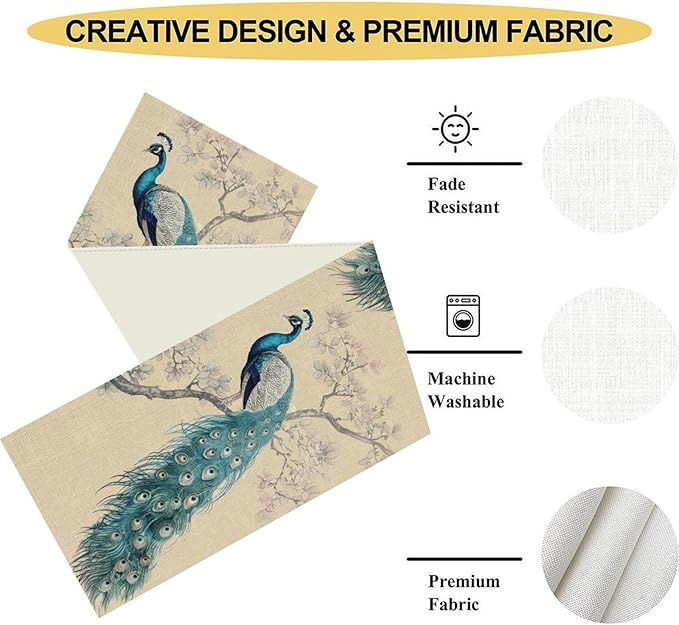 Peacock Table Runner,Retro Rustic Traditional Chinese Style Blossom Branch Table Runner Decor for Home Kitchen Dining Patio Holiday Party Indoor Table Decorations, 13"x72"