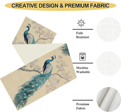 Peacock Table Runner,Retro Rustic Traditional Chinese Style Blossom Branch Table Runner Decor for Home Kitchen Dining Patio Holiday Party Indoor Table Decorations, 13"x72"