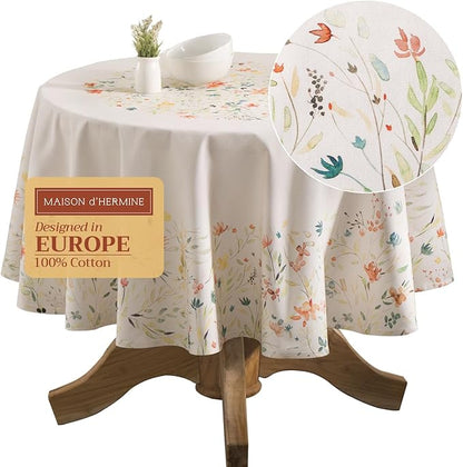 Maison d' Hermine Table Cloth Round Table 100% Cotton 63 Inches Tablecloth Reusable Decorative Everyday Use for Dining Room, Farmhouse, Home, Party, Festive & Wedding Spring Summer - Colmar