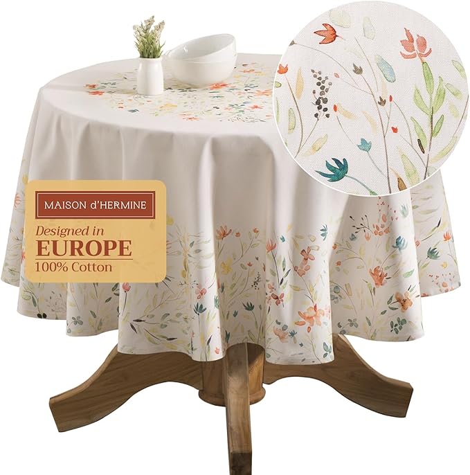 Maison d' Hermine Table Cloth Round Table 100% Cotton 69 Inches Tablecloth Reusable Decorative Everyday Use for Dining Room, Farmhouse, Home, Party, Festive & Wedding Spring Summer - Colmar