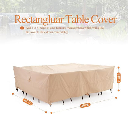 WJ-X3 Dining Set Cover 86W x 47D x 31H Inch, Heavy Duty Patio Table Cover, Outdoor Furniture Cover Waterproof, Rectangle Table and Chairs Set Covers High Wind Resistant, Anti-Fading, Beige