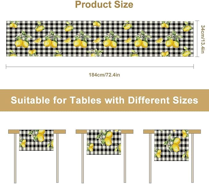 Fresh Lemon Table Runner, Yellow Lemon Black White Buffalo Check Plaid Table Runner for Farmhouse Coffee Home Kitchen Dining 13x60in