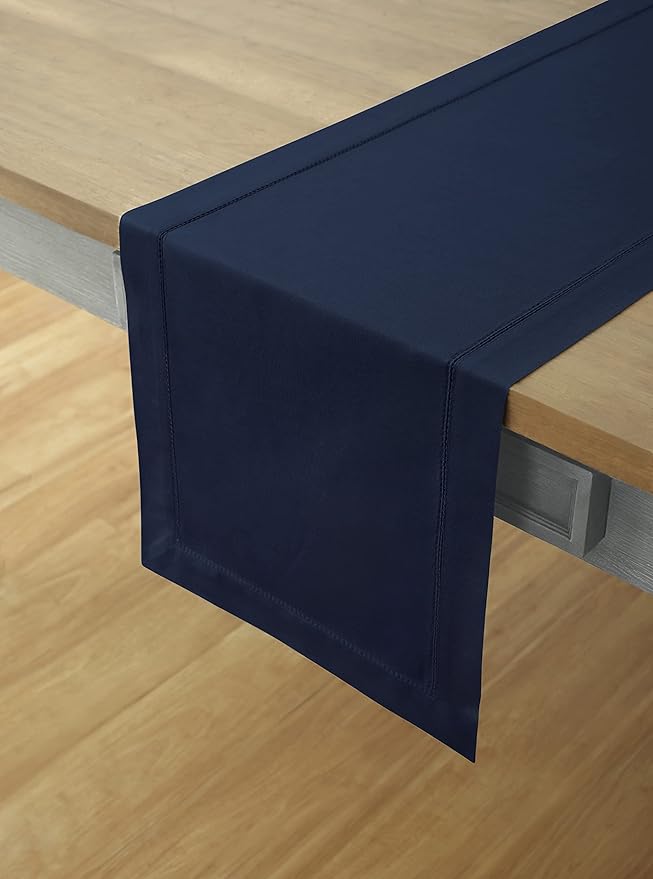 Solino Home Navy Blue Table Runner 120 Inches Long - Cotton Linen Hemstitch 14 x 120 Inch Table Runner for Dining, Spring, Easter, Winter