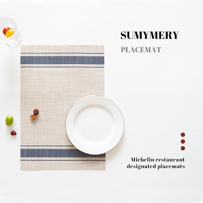 Placemats Set of 8 Vinyl/Plastic Woven Place Mats for Kitchen Table Indoor/Outdoor Washable Placemat Wipeable Dining Table Mats (Khaki Blue,8)