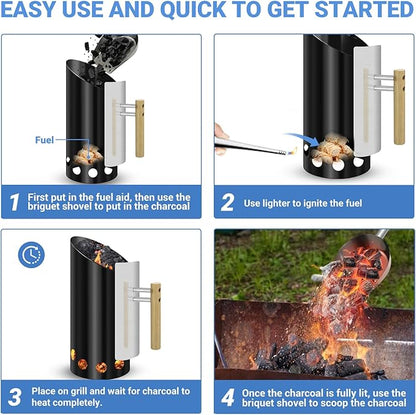 Charcoal Chimney Starter with 11" Briquet Shovel Set, Double Enameled Large Capacity Chimney Starter for Charcoal Grill with Heat Shield & Wood Handle Great Heat Insulation and Easy Grip