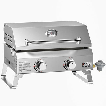 Tabletop Gas Griddle with Lid & Foldable Legs, 2-Burner BBQ Propane Flat Top Griddle, Portable Grill Stove for Outdoor Cooking Patio Party Camping Tailgating RV, Stainless Steel, GS318