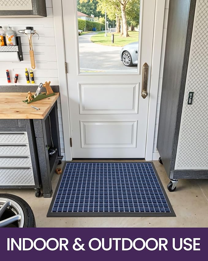 DEXI Front Door Mat Outside Entrance, 17x29 Rubber Entry Doormat Heavy Duty, Welcome Mats Non Slip for Inside House Floor Entryway Double Doors Exterior Patio, Checkered Blue