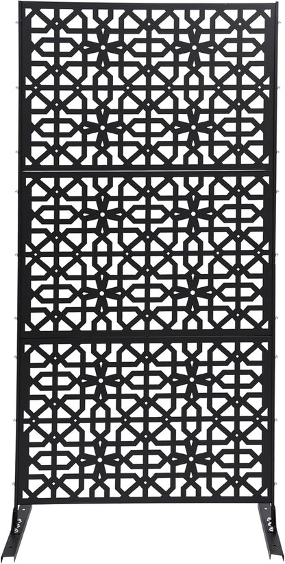 75" H×35" W Decorative Outdoor Privacy Screen with Stand, Outdoor Decor Privacy Fence Screen Metal Fence Panels, Free Standing Metal Divider for Patio Lawn Deck (Black-Knot)