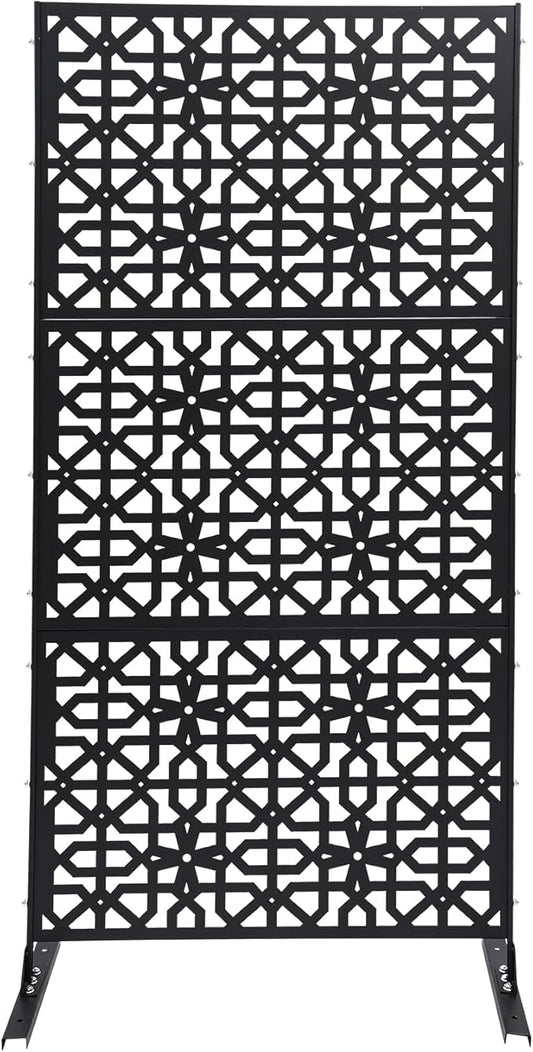 75" H×35" W Decorative Outdoor Privacy Screen with Stand, Outdoor Decor Privacy Fence Screen Metal Fence Panels, Free Standing Metal Divider for Patio Lawn Deck (Black-Knot)
