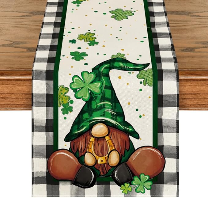Artoid Mode Buffalo Plaid Shamrock Gnome St. Patrick's Day Table Runner, Seasonal Spring Holiday Kitchen Dining Table Decoration for Indoor Outdoor Home Party Decor 13 x 72 Inch