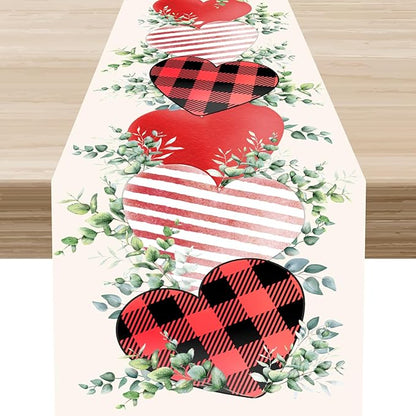 Valentines Day Table Runner,Vintage Rustic Sweet Heart Leaves Valentines Day Buffalo Plaid Runner for Table Seasonal Fresh Decor for Indoor Outdoor Dining Table Decorations, 13"x108"