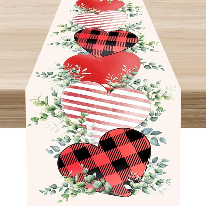 Valentines Day Table Runner,Vintage Rustic Sweet Heart Leaves Valentines Day Buffalo Plaid Runner for Table Seasonal Fresh Decor for Indoor Outdoor Dining Table Decorations, 13"x90"