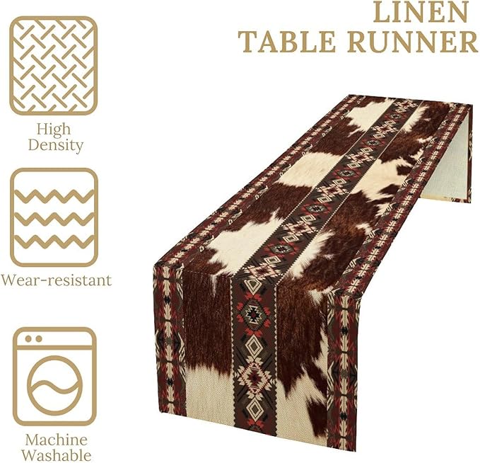 Cowhide Table Runner, Brown Cow Western Exotic Aztec Wild Animals Skin Table Runner for Kitchen Farmhouse Dining Home Outdoor Party 13x108in