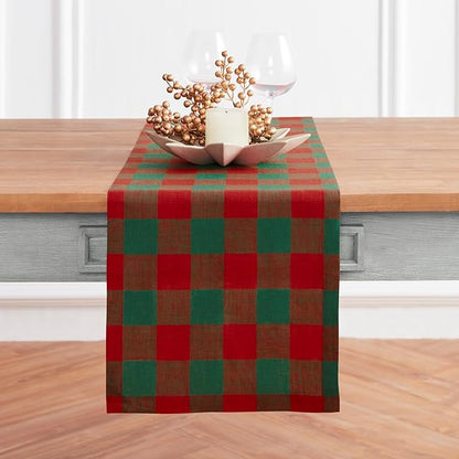 Solino Home Linen Checkered Table Runner 48 Inches - 100% Pure Linen Buffalo Check Red and Green Table Runner 14 x 48 Inch Ideal for Dresser and Coffee Tables - Winter
