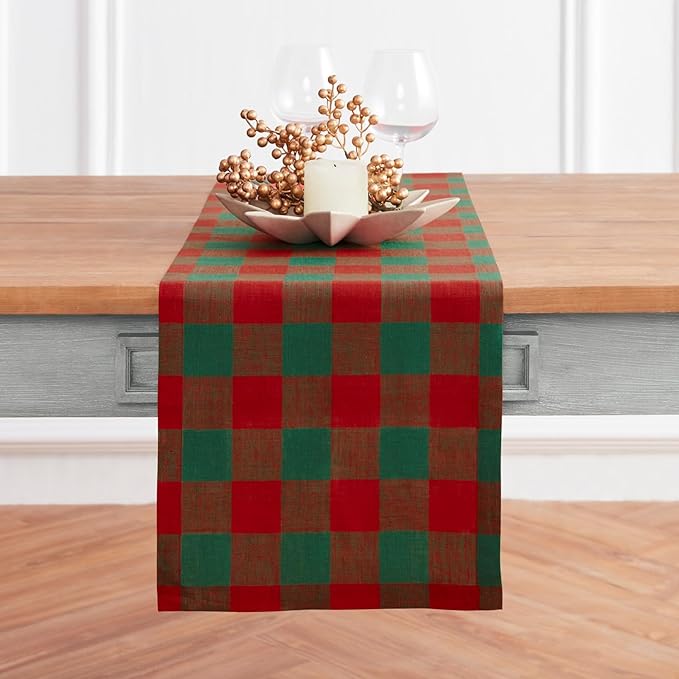 Solino Home Linen Checkered Table Runners 90 Inches Long - 100% Pure Linen Buffalo Check Red and Green Table Runner 14 x 90 Inch Ideal for Dining, Winter