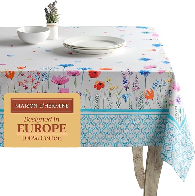 Maison d' Hermine Table Cloth Rectangle Table 100% Cotton 60 x 90 Inches Tablecloth Reusable Decorative for Dining Room, Farmhouse, Home, Party, Festive & Wedding Spring Summer - Flower in The Field