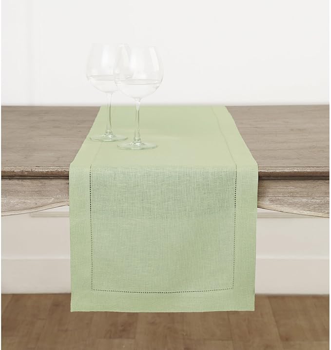 Solino Home Linen Table Runner 48 Inches - 100% Pure Linen Sage Green Hemstitch Table Runner 14 x 48 Inch Ideal for Dresser and Coffee Tables - Spring, Easter, St Patricks Day - Classic Hemstitch