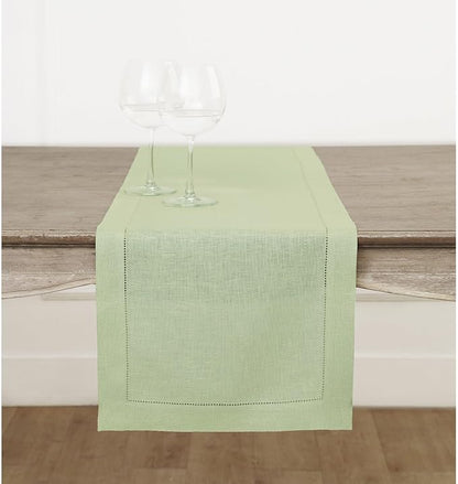 Solino Home Linen Sage Green Table Runner 120 Inches Long - 100% Pure Linen Hemstitch 14 x 120 Inch Table Runner for Dining, Spring, St Patricks Day, Easter - Classic Hemstitch