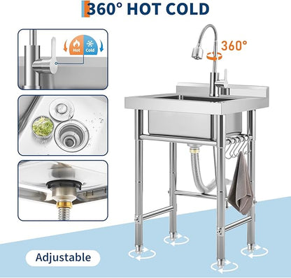 Stainless Steel Utility Sink, Free Standing Single Bowl Kitchen Sink, Adjustable Leg Height, with Faucet, Hot and Cold Water Pipes, Commercial Laundry Tub, Hook for Indoor Outdoor Farmhouse Use