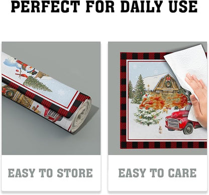 Giwawa Christmas Truck Placemats Set of 4 Winter Snowman Xmas Trees Place Mat with Black Red Buffalo Plaids 12"x18" Snow Farm Scene Non Slip Table Mats for Kitchen Dining Holiday Party Decor