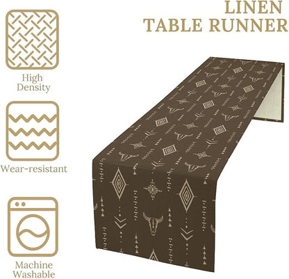Western Cow Skull Table Runner,Vintage Boho Aztec Cow Ethnic Pattern Printed Table Runner for Home Kitchen Dining Farmhouse Coffee 13x60in