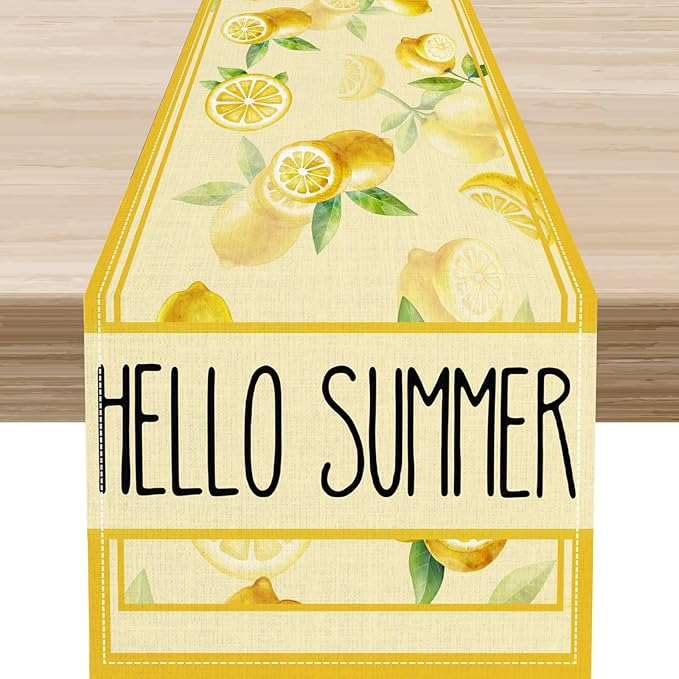 Summer Lemon Table Runner, Farmhouse Seasonal Spring Yellow Fresh Fruits Country Coffee Cafe Table Center Decor for Home Kitchen Dining Party Patio Indoor Outdoor Table Decorations, 13"x90" Inch