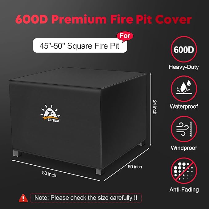 Zettum Fire Pit Cover Square 50 Inch - Outdoor Firepit Cover Heavy Duty & Waterproof, 600D Patio Fire Table Cover Large Gas Fire Pit Accessories Fade & Weather Resistant - 50 x 50 x 24 Inch