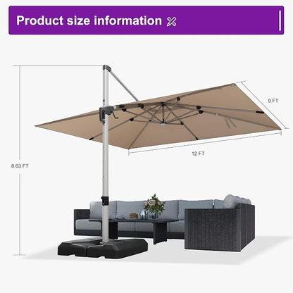 PURPLE LEAF Cantilever Umbrella 9' X 12' Solar LED Light Patio Deck, Support to - Image 8