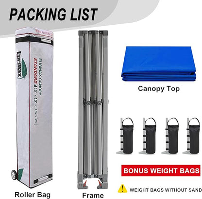 Eurmax USA Standard 10x10ft Patio Pop Up Canopy Tent for Outdoor Events Commercial Instant Canopies with Heavy Duty Roller Bag,Bonus 4 Canopy Sand Bags (Blue)
