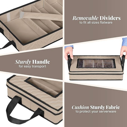 Flatware Storage Case - Durable 5 Compartment Silverware Storage Container Box with Removable Lid and Easy to Carry Handles - Large Capacity Keeps Your Cutlery Organized & Protected - Brown