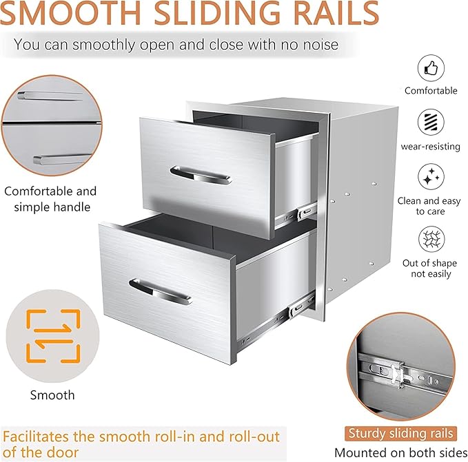 Outdoor Kitchen Drawers, Flush Mount Triple Access BBQ Drawers With Stainless Steel Handle, BBQ Island For BBQ Island Patio Grill Station,Double Drawers