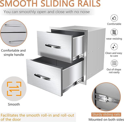 Outdoor Kitchen Drawers, Flush Mount Triple Access BBQ Drawers With Stainless Steel Handle, BBQ Island For BBQ Island Patio Grill Station,Double Drawers