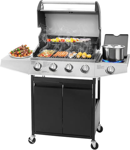 Unovivy 4-Burner Propane Gas BBQ Grill with Side Burner & Porcelain-Enameled Cast Iron Grates Built-in Thermometer, 49,000 BTU Outdoor Cooking, Patio, Garden Barbecue Grill, Black and Silver