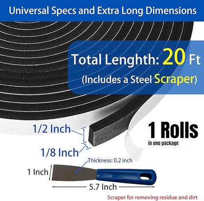 Smoker Gasket Seal - 1/2" x 1/8" x 20 Ft Self-Adhesive High Temp Black Felt for BBQ Grill Pit & Fire Door