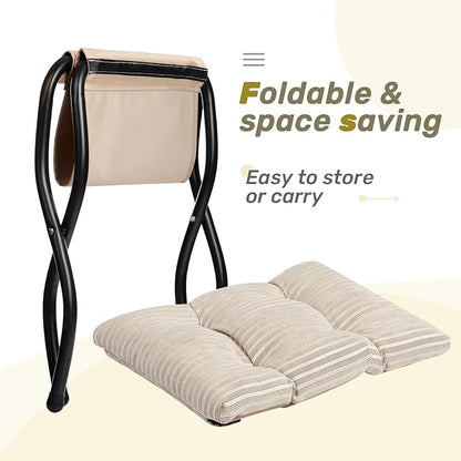 HollyHOME 15"(H) Folding Footrest Stool, Upholstered Small Foldable Ottoman, Accent Padded Sofa Foot Stool for Lazy Chair, Metal Frame Portable Foot Rest Ottoman for Living Room, Bedroom, Beige Stripe