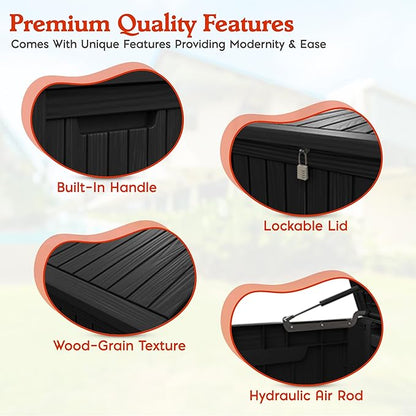 Waterproof Outdoor Resin Deck Box with Lockable Lid, Easy Assembly Features and Convenient Handles For Cushion, Pillows and other Patio Furniture (180 Gallon Black)
