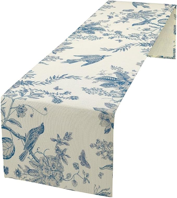 Spring Flower Table Runner, Farmhouse Vintage Blue White Floral Bird Print Table Runner for Kitchen Dining Table Party Wedding Decor, 13x70inch
