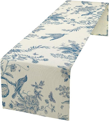 Spring Flower Table Runner, Farmhouse Vintage Blue White Floral Bird Print Table Runner for Kitchen Dining Table Party Wedding Decor, 13x120inch
