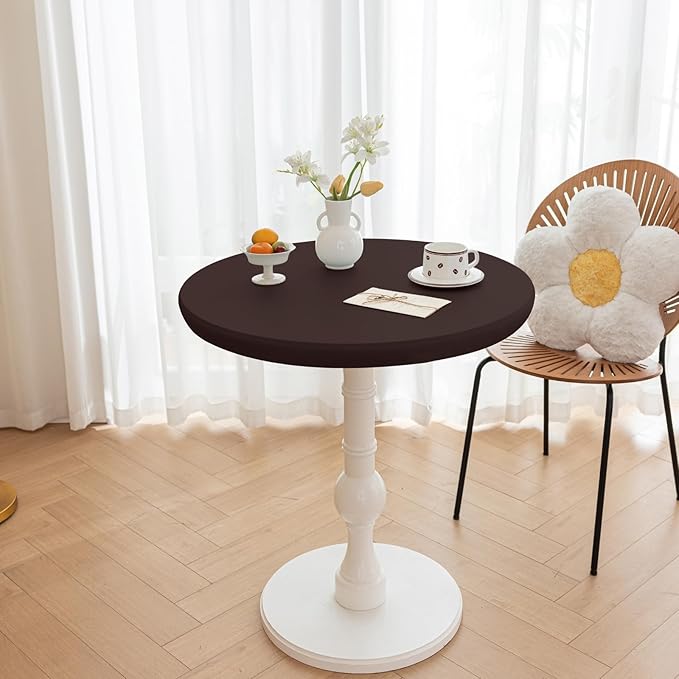 Round Fitted PU Tablecloth with High Elastic Edge 63 Inch Dia Waterproof Oil Proof Table Cloth Anti-Scald Stain-Resistant Wipeable Table Cover for Indoor Outdoor Picnic (Coffee,63" Dia)
