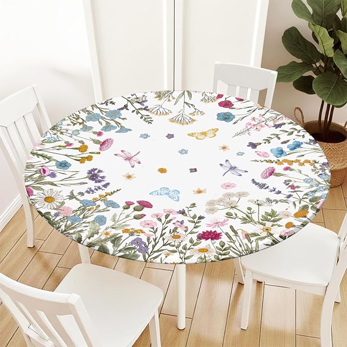 Spring Summer Floral Round Fitted Tablecloth with Elastic Wildflower Butterfly Circle Table Cloth for 48-52" Tables Wipeable Waterproof Farmhouse Easter Flowers Table Cover for Picnic Outdoor Dining