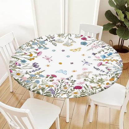 Spring Summer Floral Round Fitted Tablecloth with Elastic Wildflower Butterfly Circle Table Cloth for 48-52" Tables Wipeable Waterproof Farmhouse Easter Flowers Table Cover for Picnic Outdoor Dining