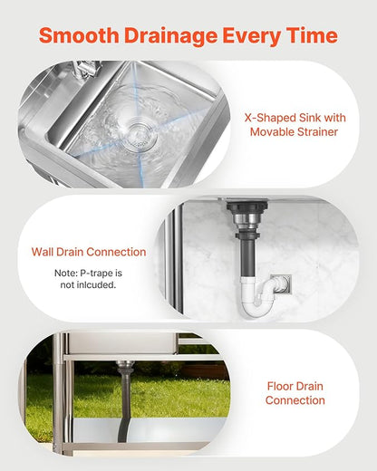 VEVOR Stainless Steel Utility Sink, Free Standing Single Bowl Commercial Kitchen Sink with Faucet, 39.4 x 19.7 x 37 in, Utility Right Basin with Hot & Cold Water Pipe for Garage, Restaurant, Laundry
