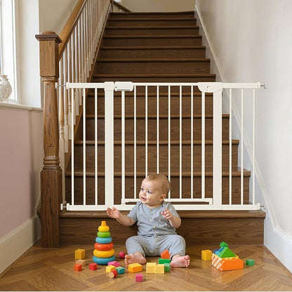 29.5-46" Baby Gate for Stairs, Baby Safety Essentials, Auto Close Gate for Doorways, Easy Install Pressure Mounted Dog Gate Indoor, Pet Gates for Dogs, White