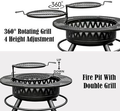42 Inch Fire Pit with 2 Grills, Large Outdoor Firepits for Outside, Wood Burning Fireplace for Camping,Picnic,Bonfire, 3-in-1 Round Metal Table with Lid for Backyard,Patio,Party