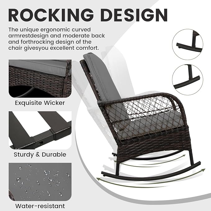 3 pcs Rocking Bistro Set Conversation Chairs PE Wicker Outdoor Rocking Chairs & - Image 4