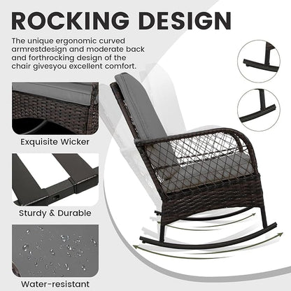 3 pcs Rocking Bistro Set Conversation Chairs PE Wicker Outdoor Rocking Chairs & - Image 4
