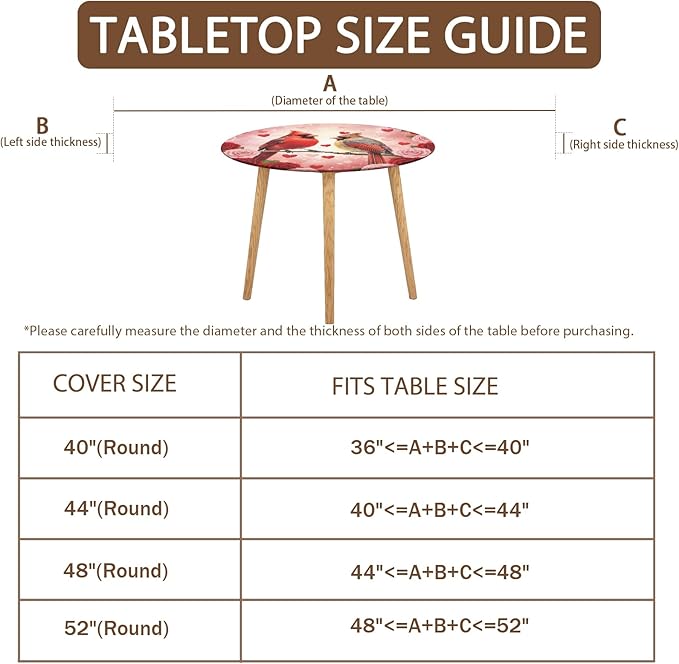 Valentines Day Round Fitted Tablecloth with Elastic Cardinal Bird Heart Circle Table Cloth for 44-48" Tables Wipeable Waterproof Washable Valentine Red Birds Table Cover for Picnic Dining Party Decor