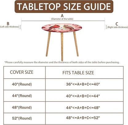 Valentines Day Round Fitted Tablecloth with Elastic Cardinal Bird Heart Circle Table Cloth for 44-48" Tables Wipeable Waterproof Washable Valentine Red Birds Table Cover for Picnic Dining Party Decor