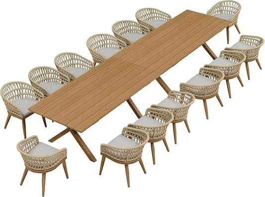 PURPLE LEAF 16 Pieces Outdoor Dining Set All-Weather PE Rattan Outdoor Patio Furniture Set with All Aluminum Frame Rectangular Table and Chairs Set for Lawn Garden Backyard Deck, Teak